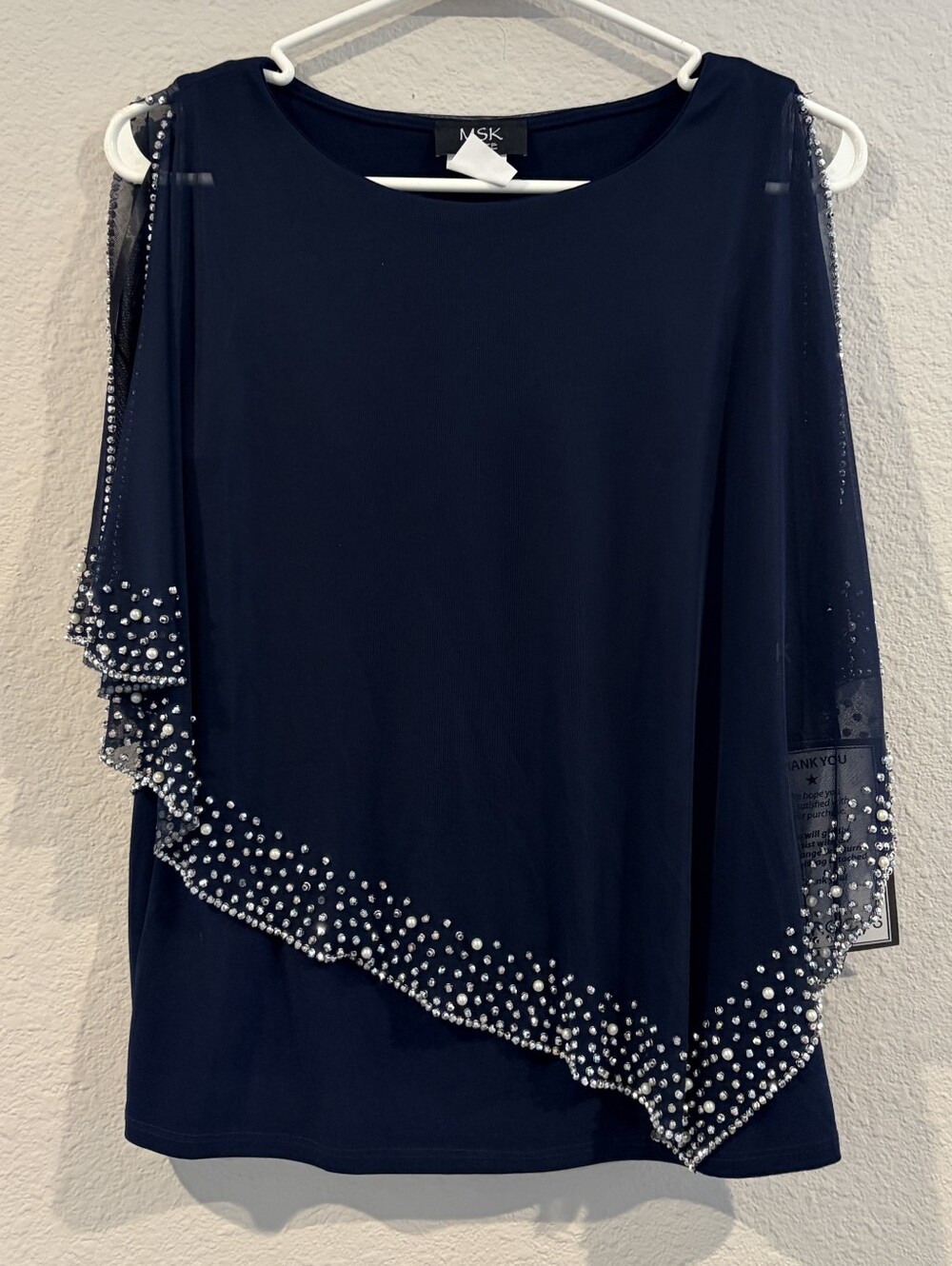 NEW Msk Petite Womens Navy Blue Chiffon Rhinestone Pearl Beaded Blouse Size PS